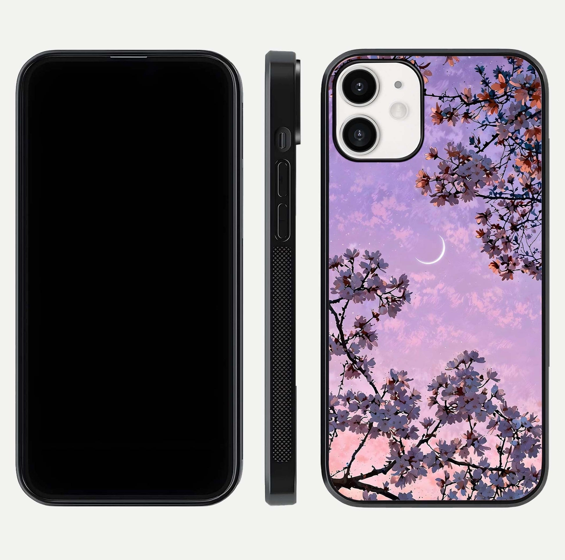 Purple Serenity Moon Glass Case for iPhone 12 Mini front & back layout highlighting celestial tones and curves