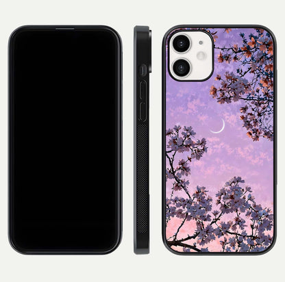 Purple Serenity Moon Glass Case for iPhone 12 Mini front & back layout highlighting celestial tones and curves