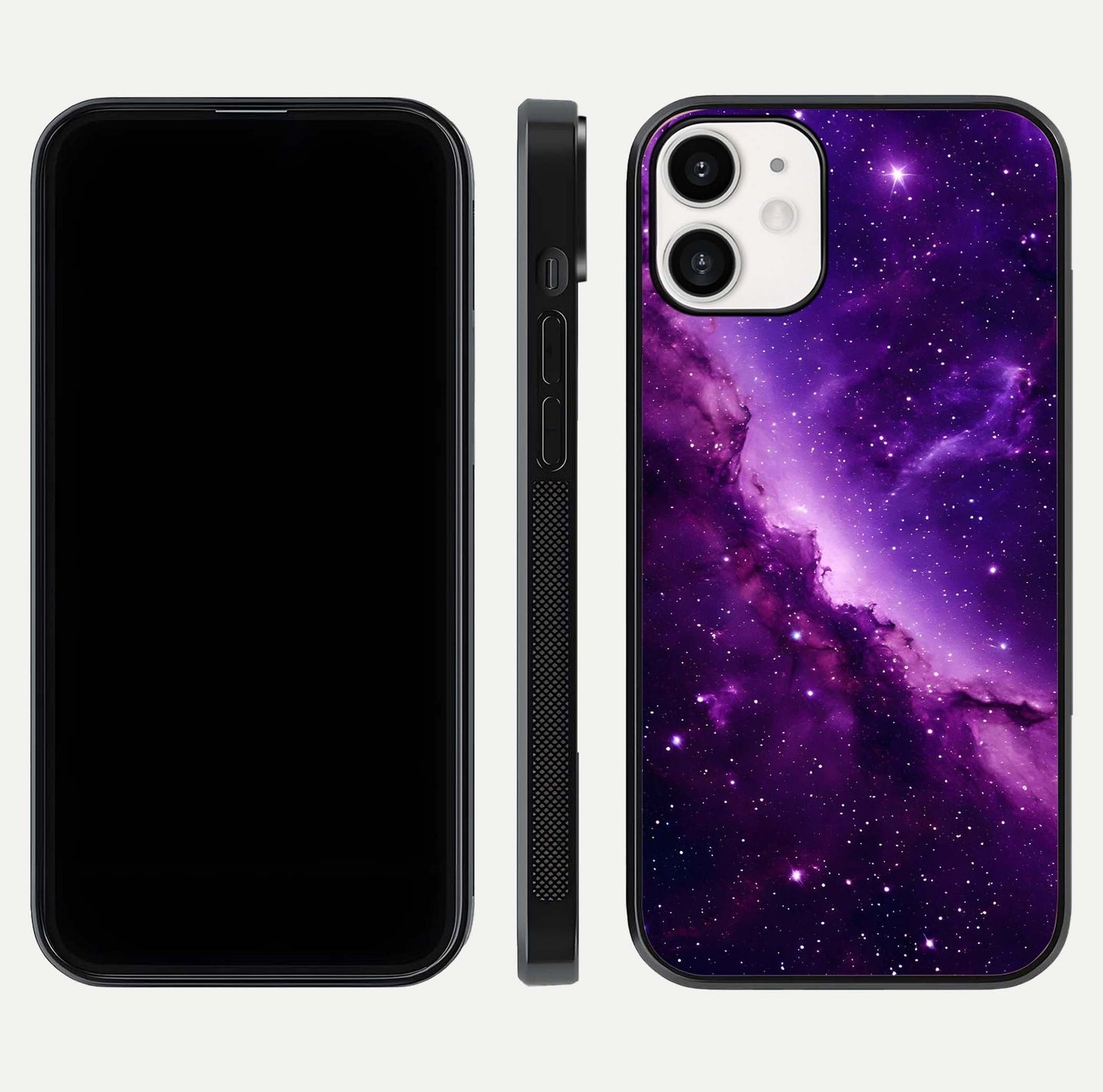 Purple Shade Sky Glass Case for iPhone 12 Mini front & back layout showing HD tones and clean glass edges