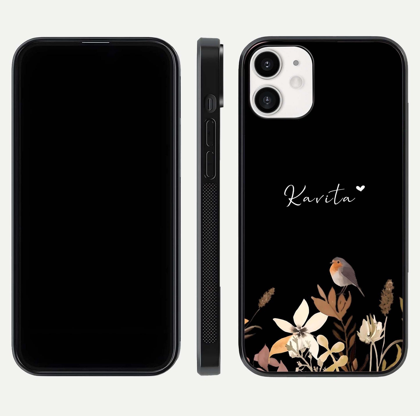 Quiet Garden Tune Custom Name Glass Case for iPhone 12 Mini front & back layout highlighting name area and edges