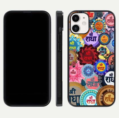 Radha Divine Bloom Glass Case for iPhone 12 Mini front & back layout showing spiritual tones and elegant edges