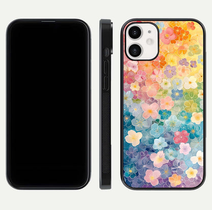 Rainbow Blossom Burst Glass Case for iPhone 12 Mini front & back layout showing bright tones and edge finish