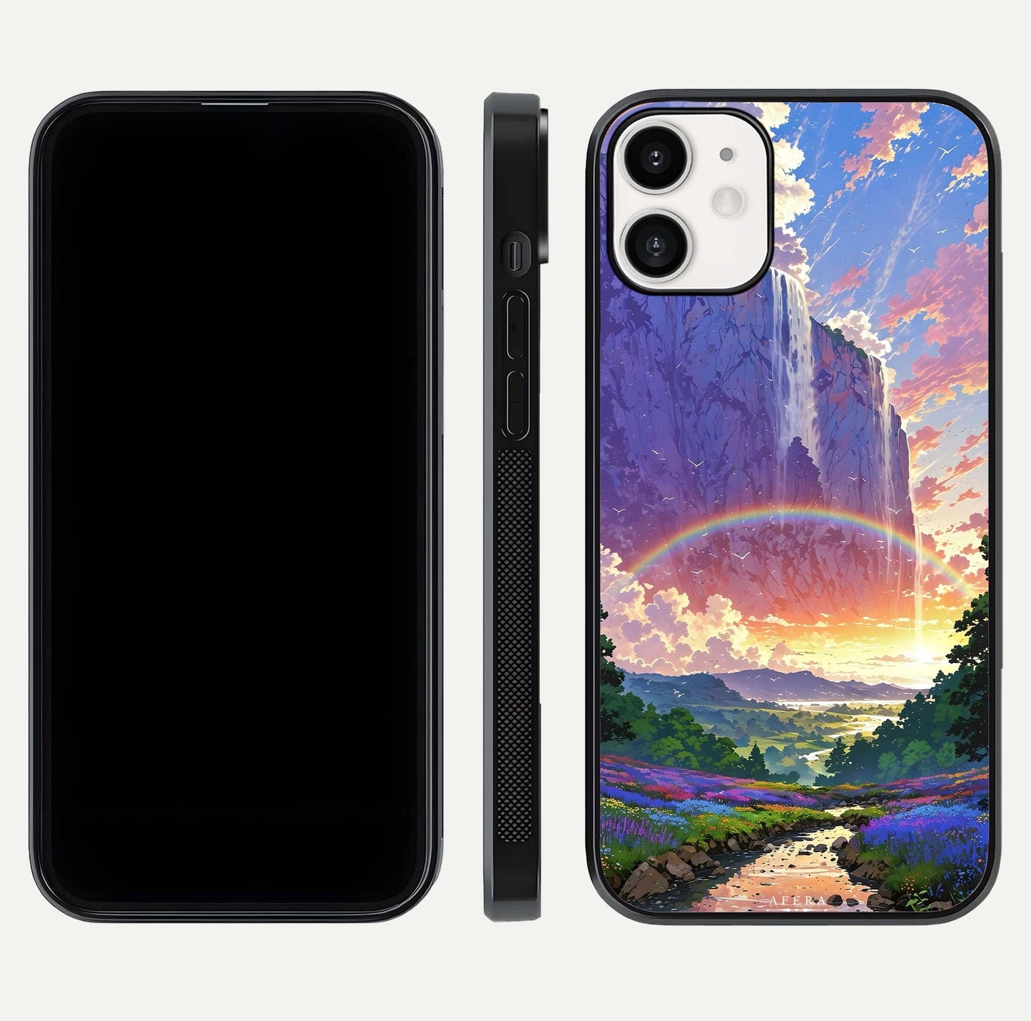 Rainbow Valley Dream Glass Case for iPhone 12 Mini front & back layout showing smooth color blend and curved edge