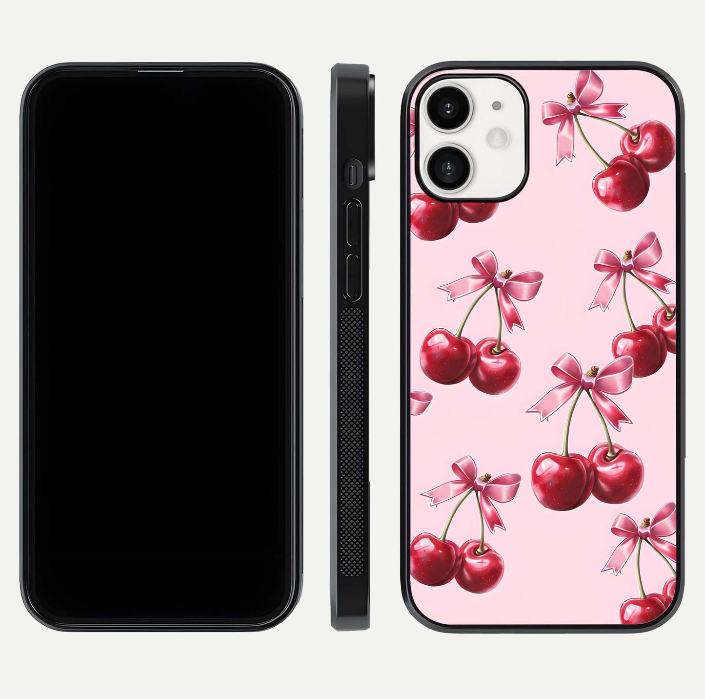 Red Cherries Pattern Glass Case for iPhone 12 Mini front & back layout highlighting vibrant fruit print and edges