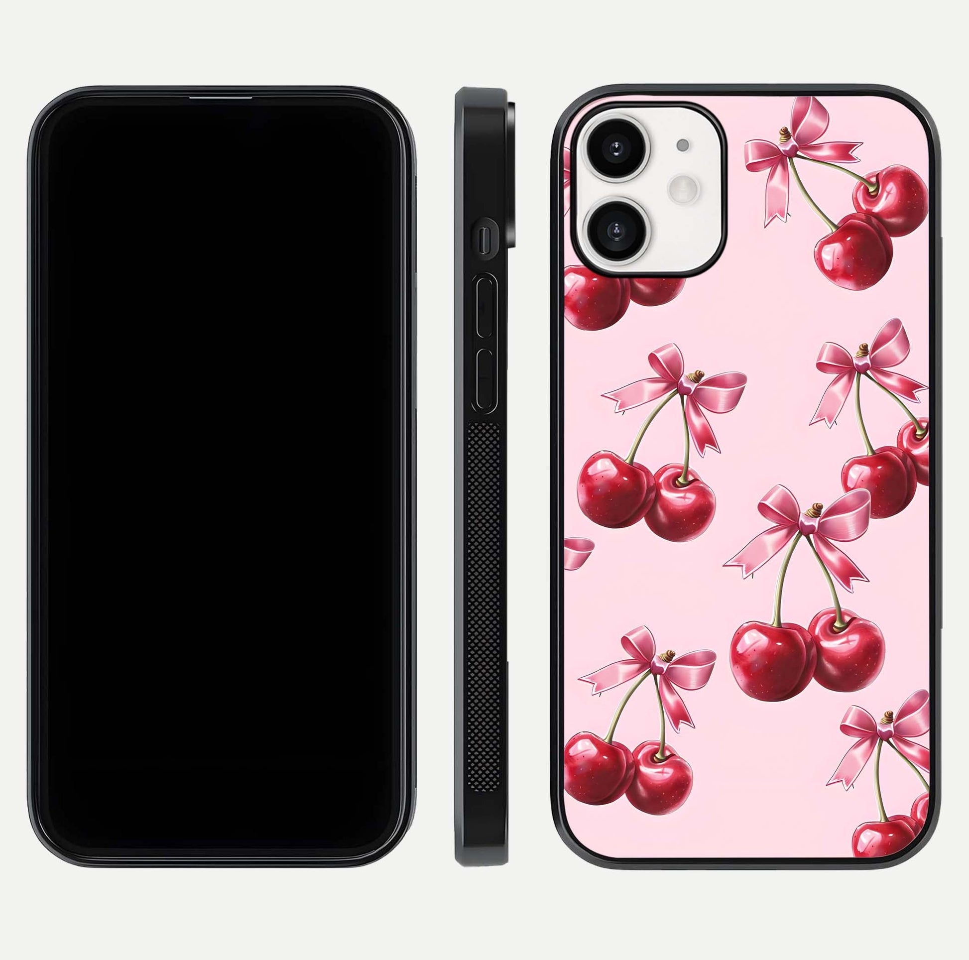 Red Cherries Pattern Glass Case for iPhone 12 Mini front & back layout highlighting vibrant fruit print and edges