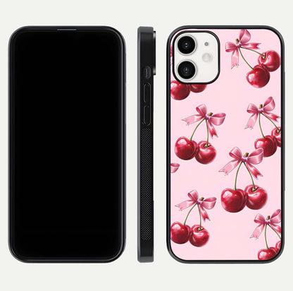 Red Cherries Pattern Glass Case for iPhone 12 Mini front & back layout highlighting vibrant fruit print and edges