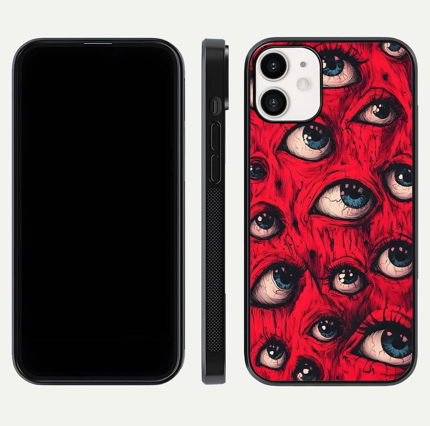 Red Eyes Pattern Glass Case for iPhone 12 Mini front & back layout showing sharp edge finish and design depth