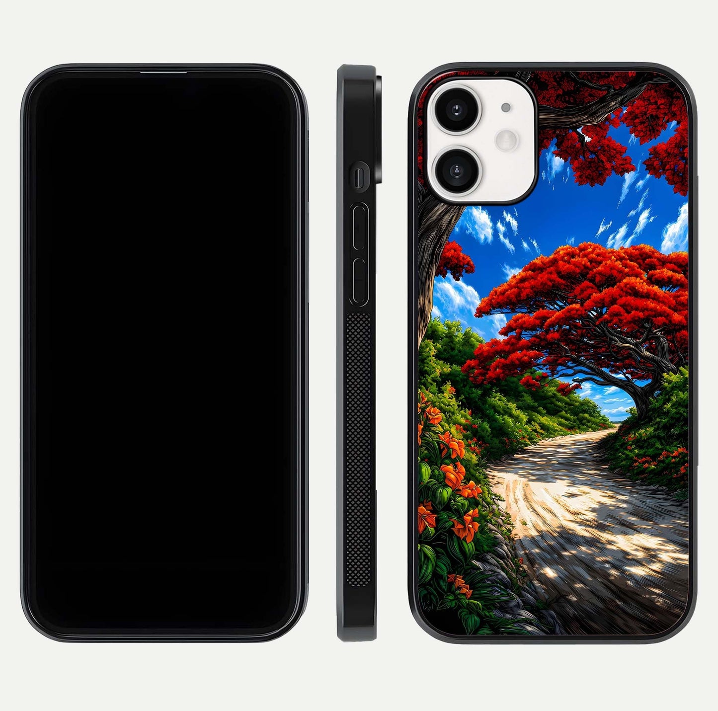 Red Trees Pathway Glass Case for iPhone 12 Mini front & back layout showing scenic tone blend and edges