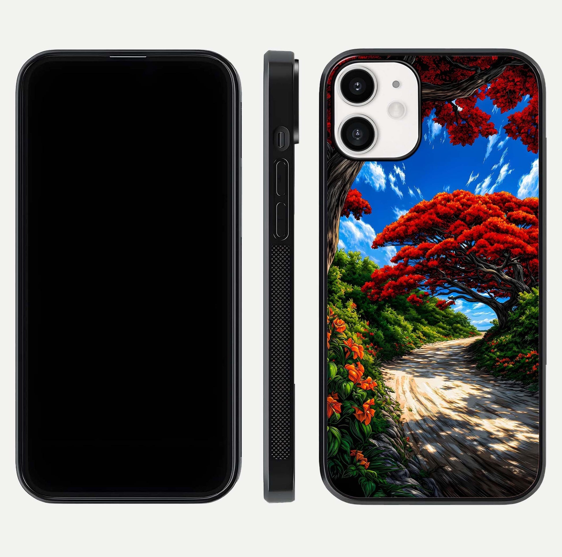Red Trees Pathway Glass Case for iPhone 12 Mini front & back layout showing scenic tone blend and edges
