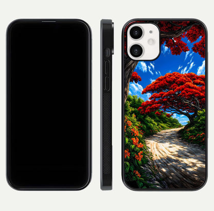 Red Trees Pathway Glass Case for iPhone 12 Mini front & back layout showing scenic tone blend and edges