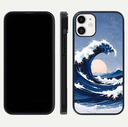 Rising Tide Power Glass Case for iPhone 12 Mini front & back layout showing ocean design and smooth glass edge