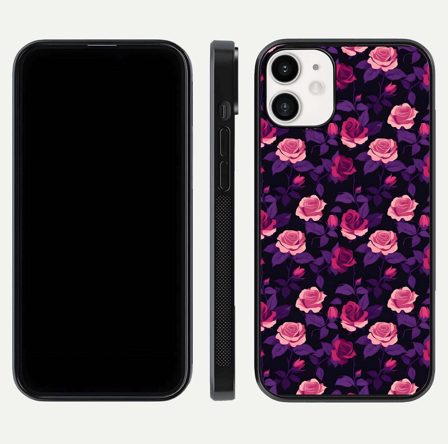 Rose Garden Twilight Glass Case for iPhone 12 Mini front & back layout showing rich twilight tones and edges