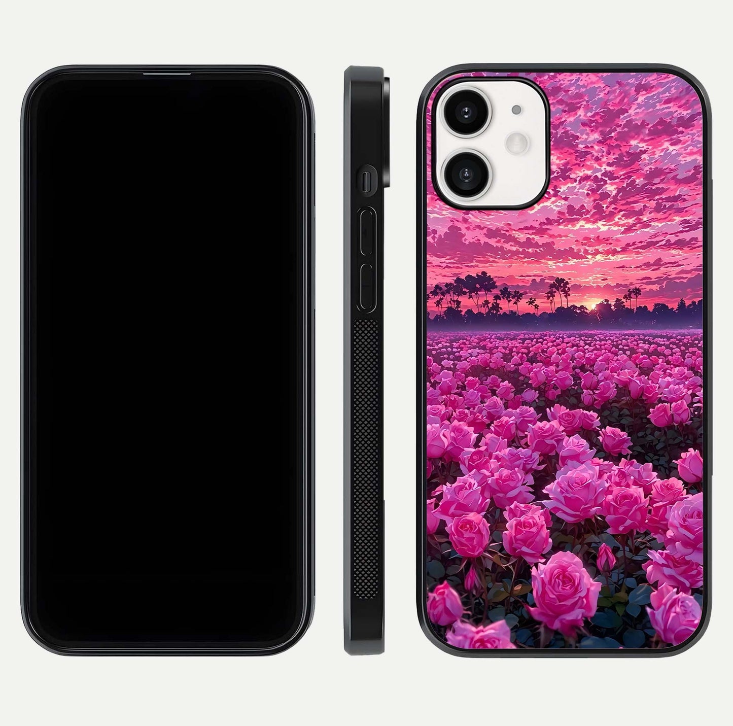 Rose Sunset Valley Glass Case for iPhone 12 Mini front & back layout highlighting gradient tones and glass shine