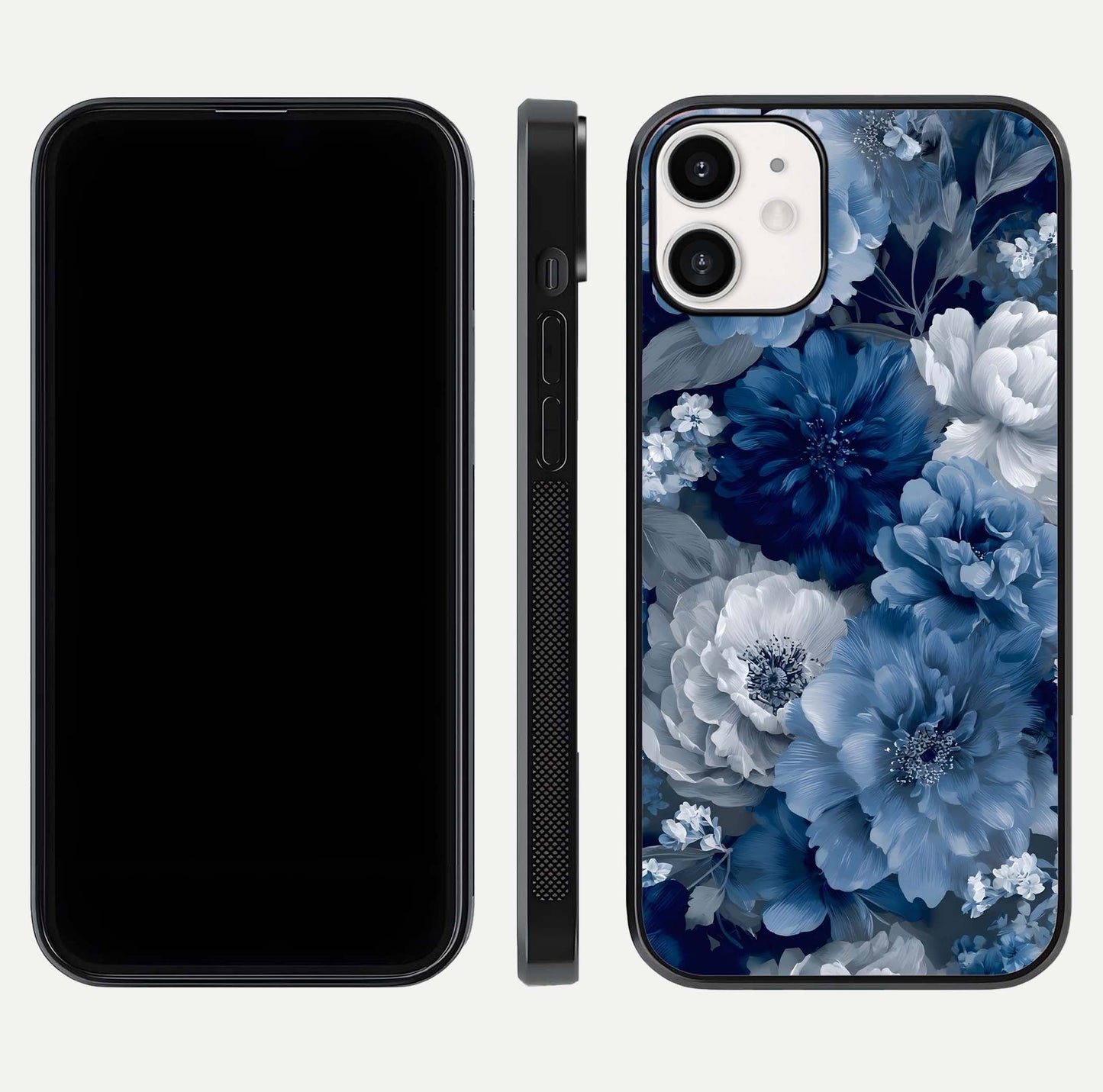 Royal Bloom Garden Glass Case for iPhone 12 Mini front & back layout showing soft tones and curved glass design