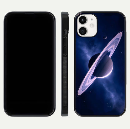 Saturn Ring Mystique Glass Case for iPhone 12 Mini front & back layout showing cosmic tones and edge glow