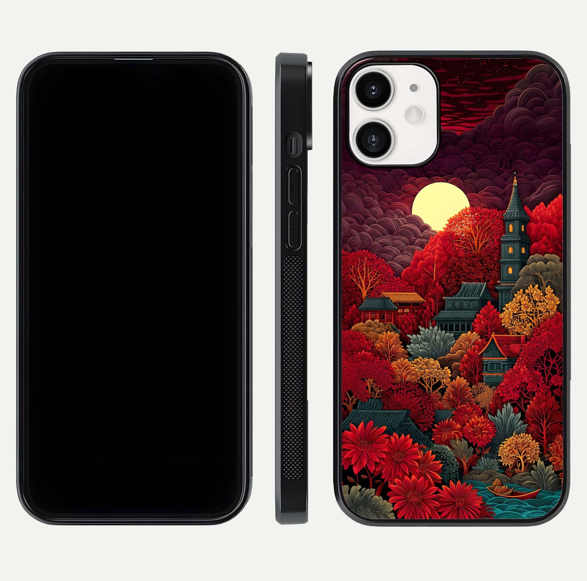 Scarlet Autumn Temple Glass Case for iPhone 12 Mini front & back layout showing scenic tones and curved edges