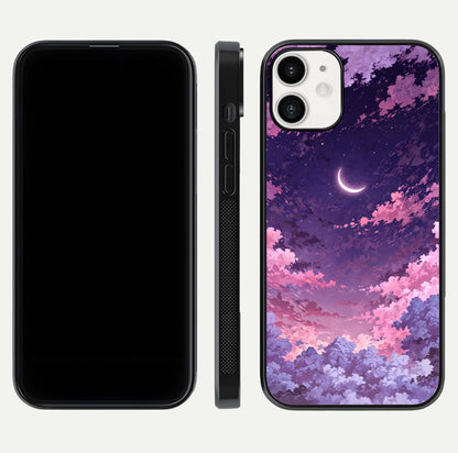Sky Drift Clouds Glass Case for iPhone 12 Mini front & back layout showing sky tones and smooth edge design