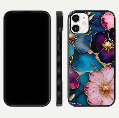 Sparkle Floral Glass Case for iPhone 12 Mini front & back layout showing floral print and edge clarity