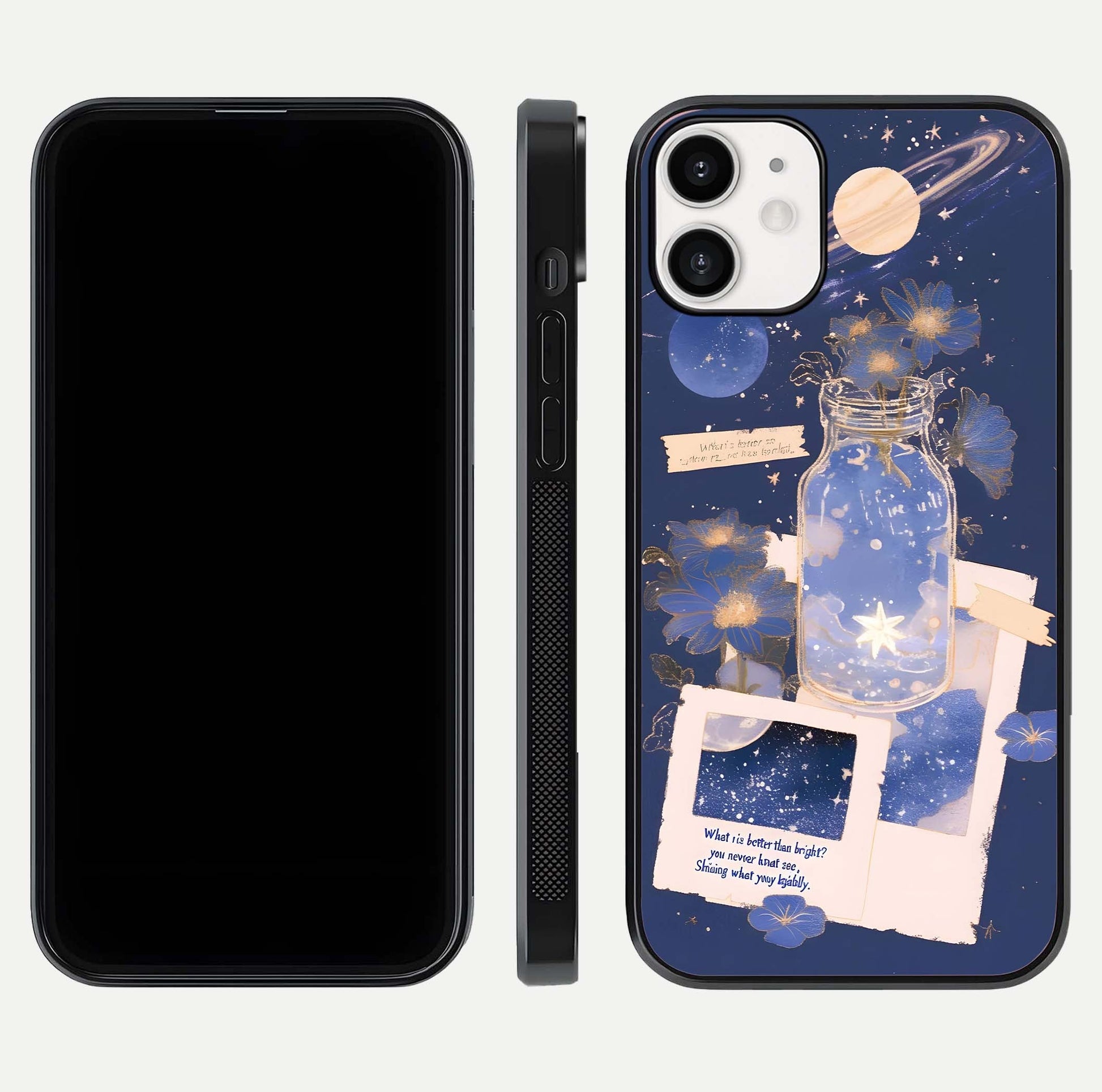 Starlit Cosmic Jar Glass Case for iPhone 12 Mini front & back layout showing cosmic pattern and curved glass edge