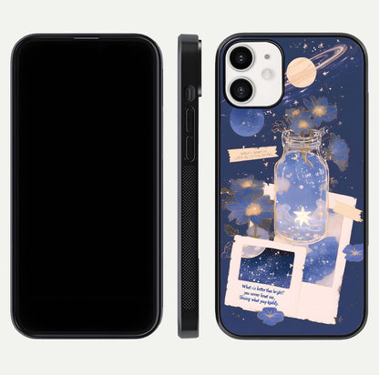 Starlit Cosmic Jar Glass Case for iPhone 12 Mini front & back layout showing cosmic pattern and curved glass edge