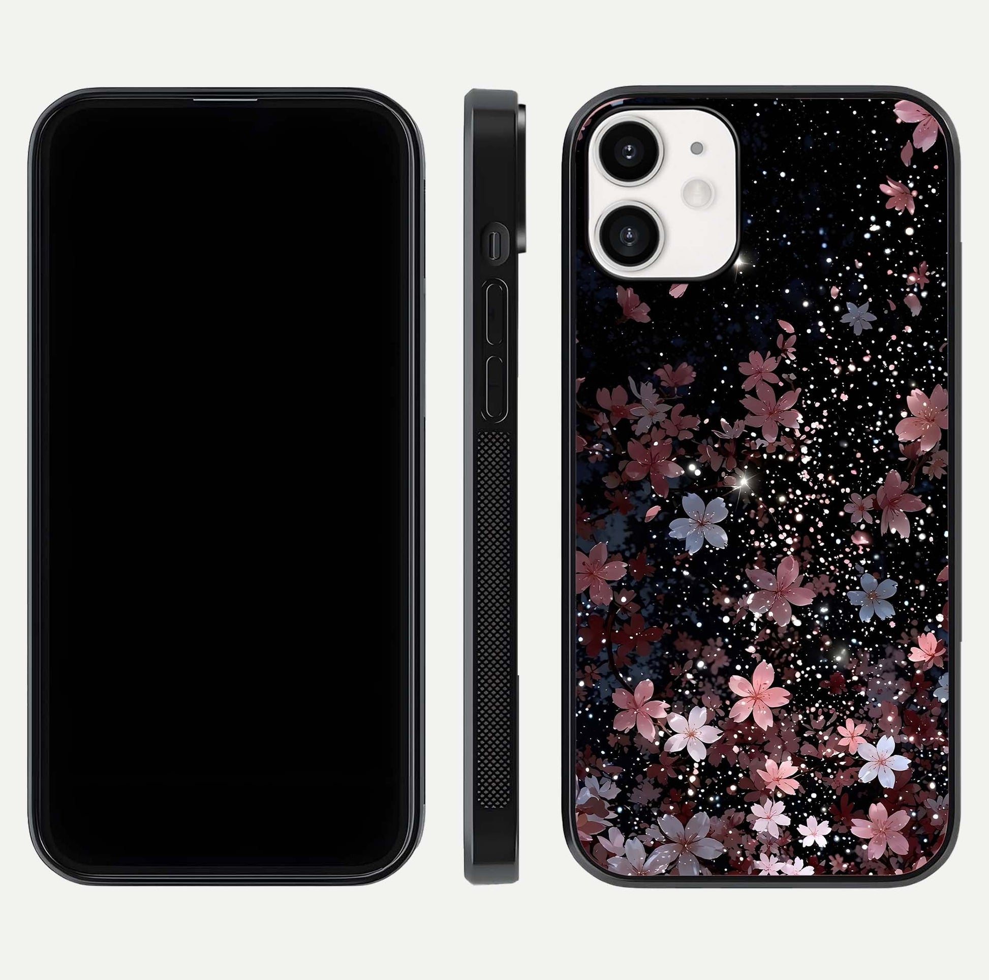 Starlit Flower Dreams Glass Case for iPhone 12 Mini front & back layout showing soft bloom design and curved edge