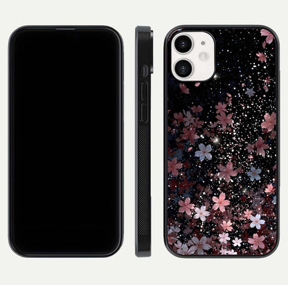 Starlit Flower Dreams Glass Case for iPhone 12 Mini front & back layout showing soft bloom design and curved edge