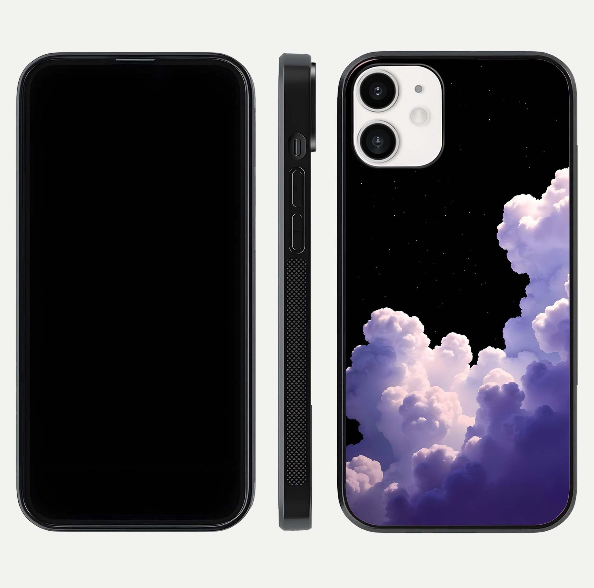 Starlit Night Whispers Glass Case for iPhone 12 Mini front & back layout showing moon tones and curved edges