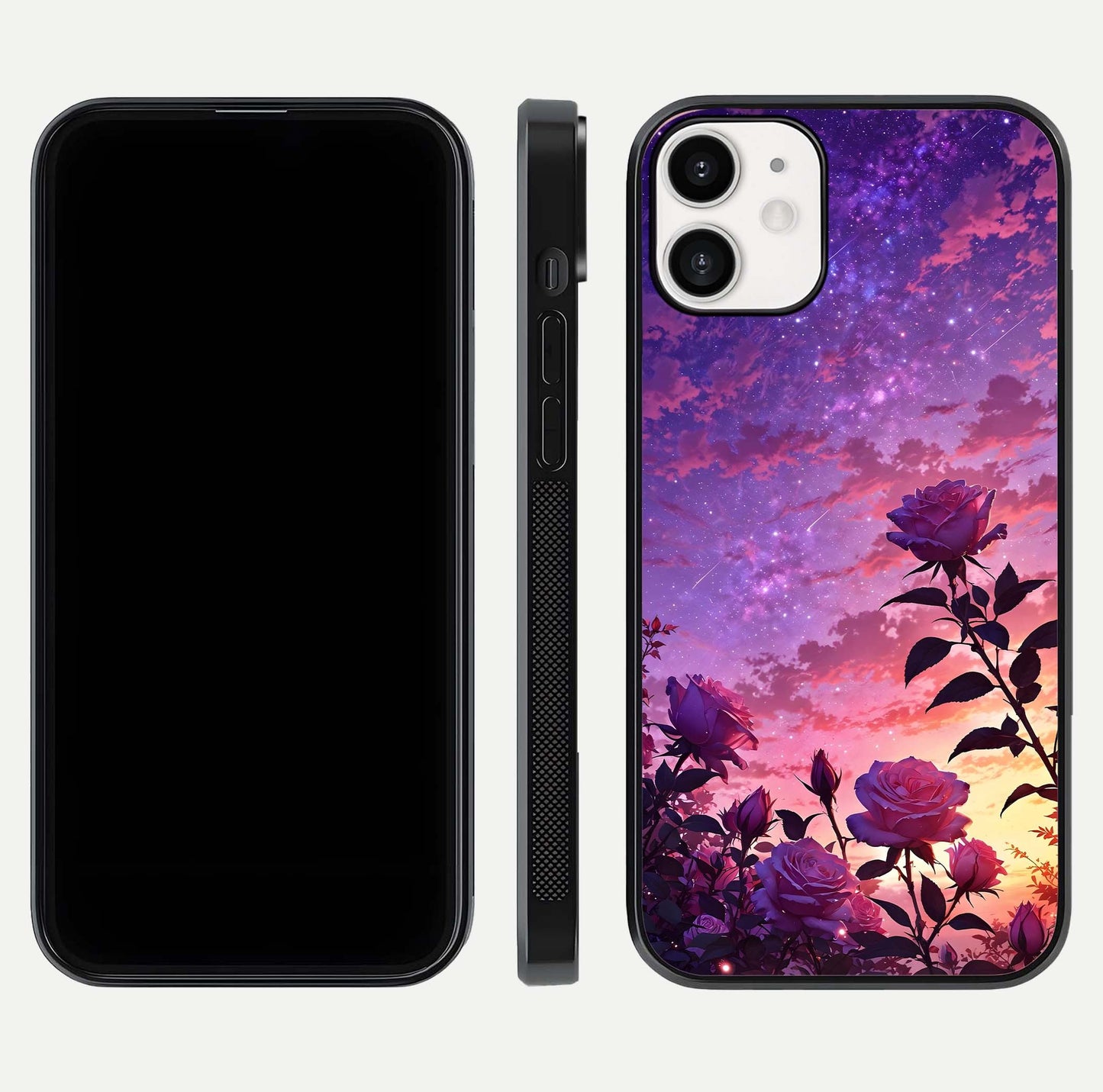 Starlit Rose Twilight Glass Case for iPhone 12 Mini front & back layout showing floral blend and glossy edge