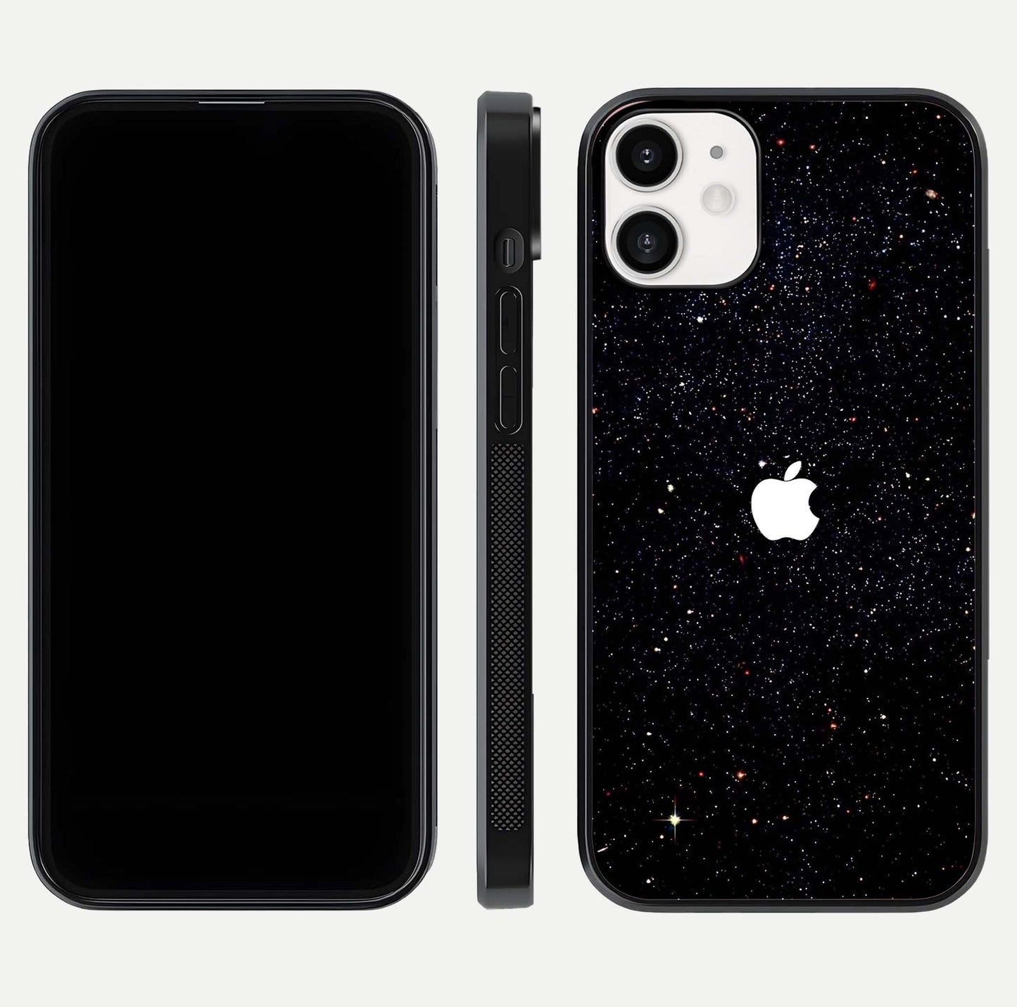 Starry Apple Galaxy Glass Case for iPhone 12 Mini front & back layout showing cosmic tones and sleek edge
