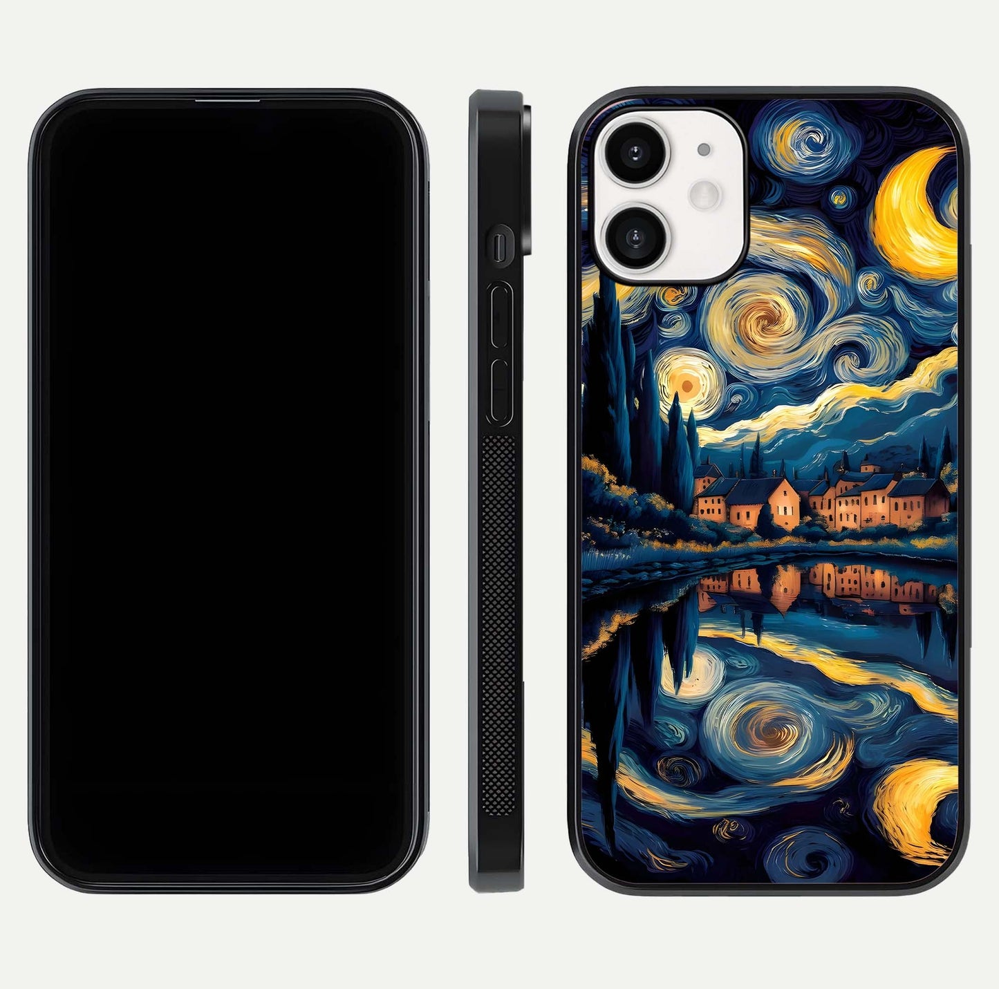 Starry Sky Serenity Glass Case for iPhone 12 Mini front & back layout showing stars and curved glass edges