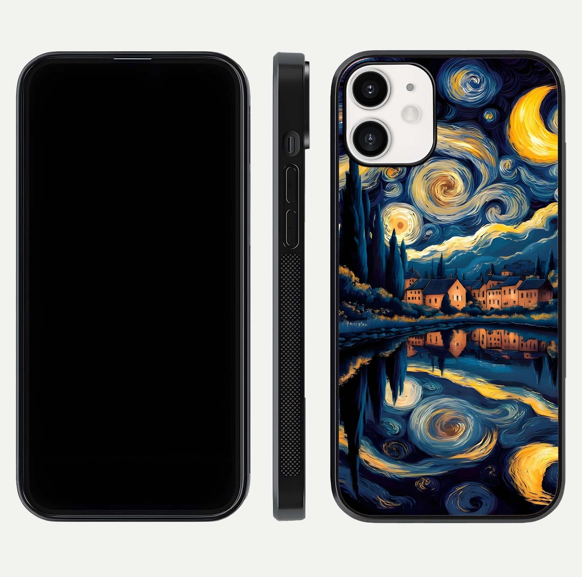 Starry Sky Serenity Glass Case for iPhone 12 Mini front & back layout showing stars and curved glass edges