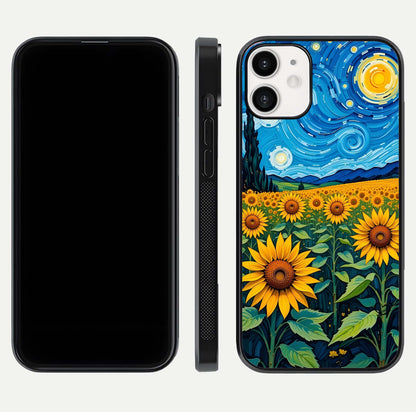 Starry Sunflower Dreams Glass Case for iPhone 12 Mini front & back layout showing floral blend and edge detail