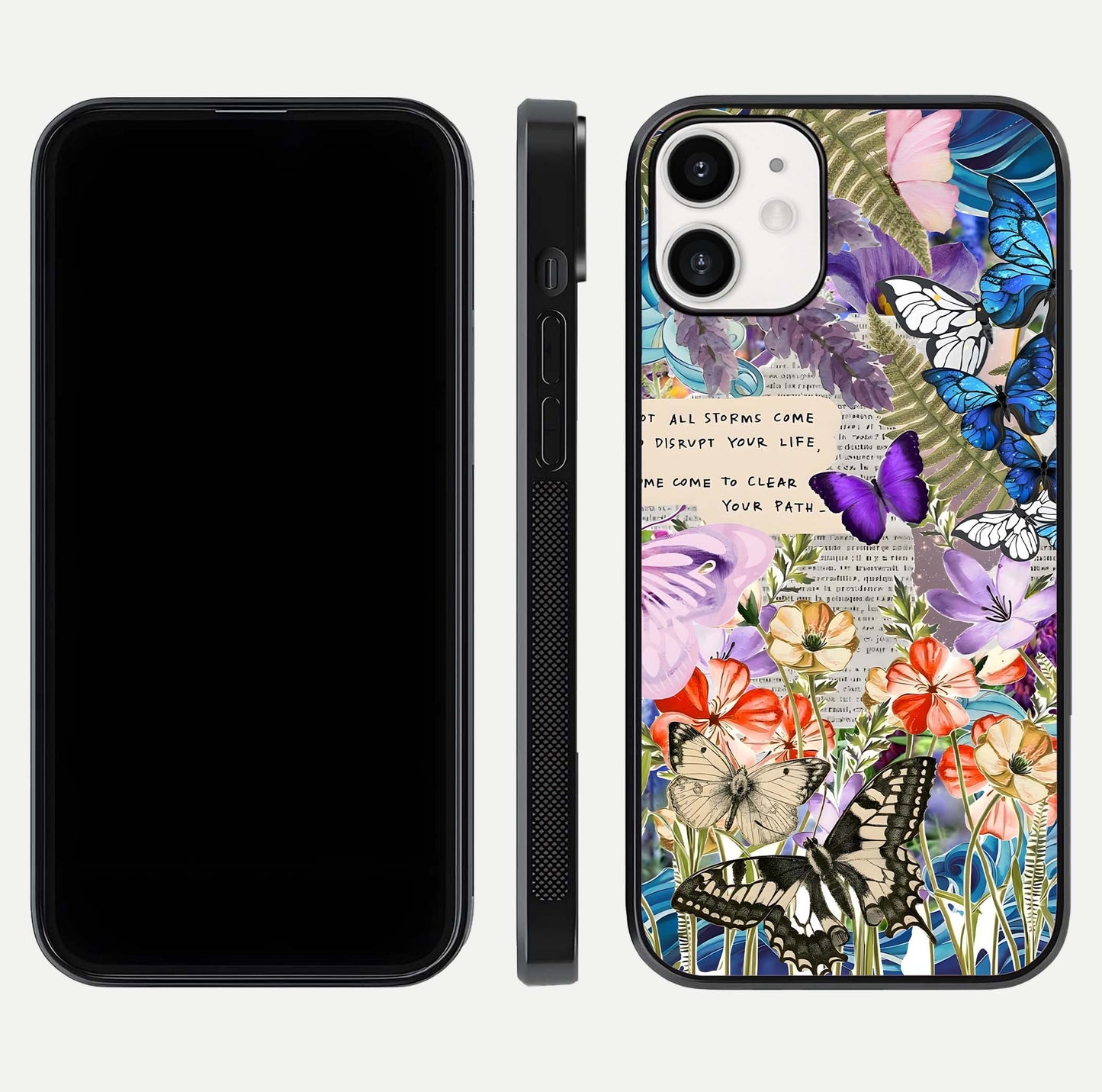 Storm Path Bloom Glass Case for iPhone 12 Mini front & back layout showing moody floral blend and edges