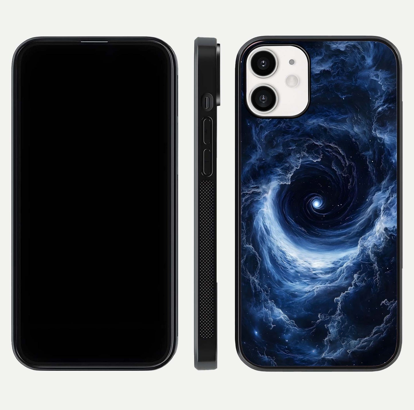 Stunning Galaxy Glass Case for iPhone 12 Mini front & back layout showing deep cosmic hues and clean edges