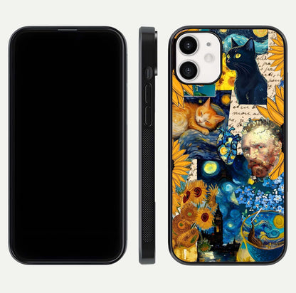 Sunflower Cat Art Glass Case for iPhone 12 Mini front & back layout showing detailed floral cat design and edges
