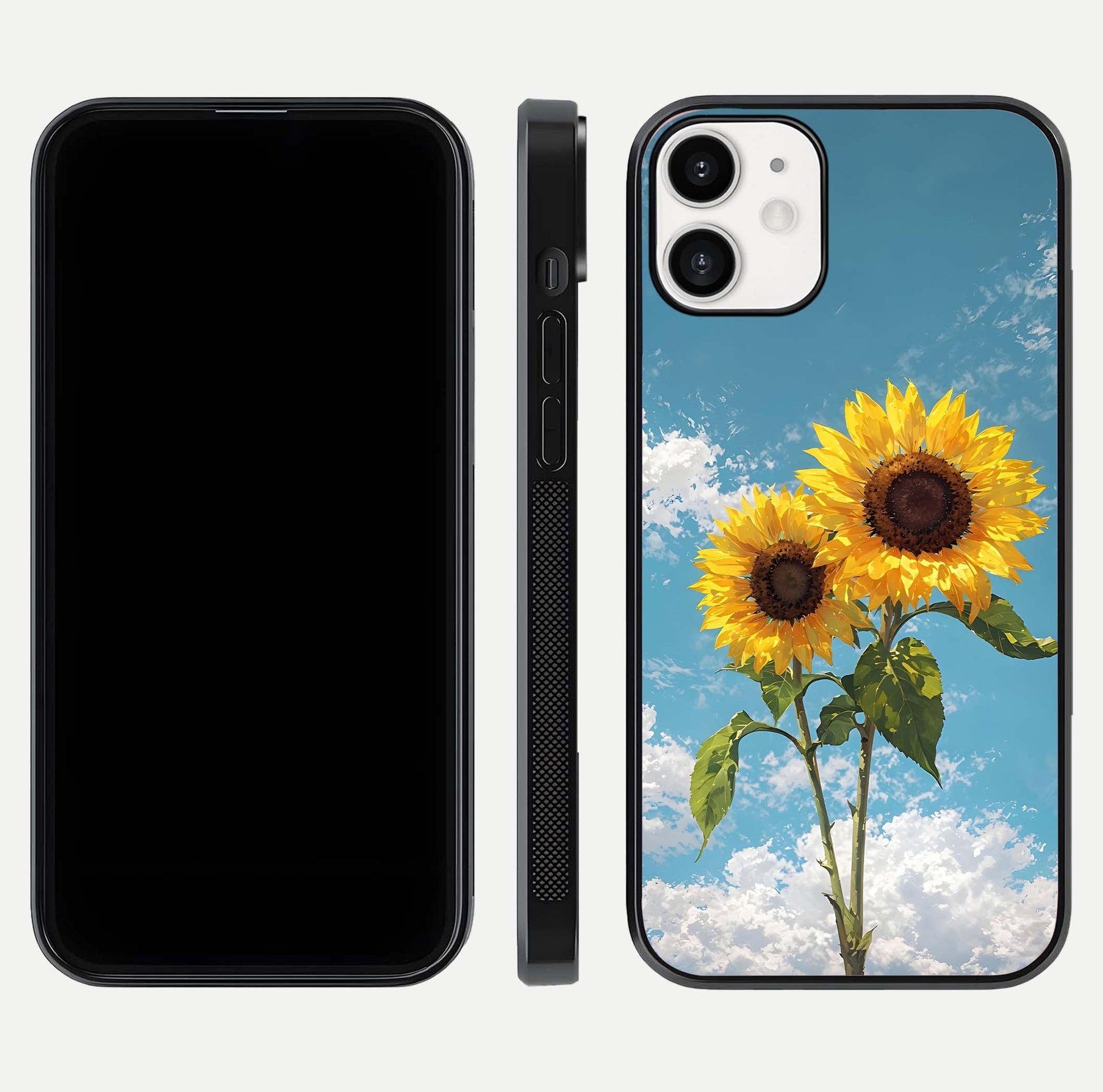Sunflower Sky Bloom Glass Case for iPhone 12 Mini front & back layout showing soft blue tones and flower contrast