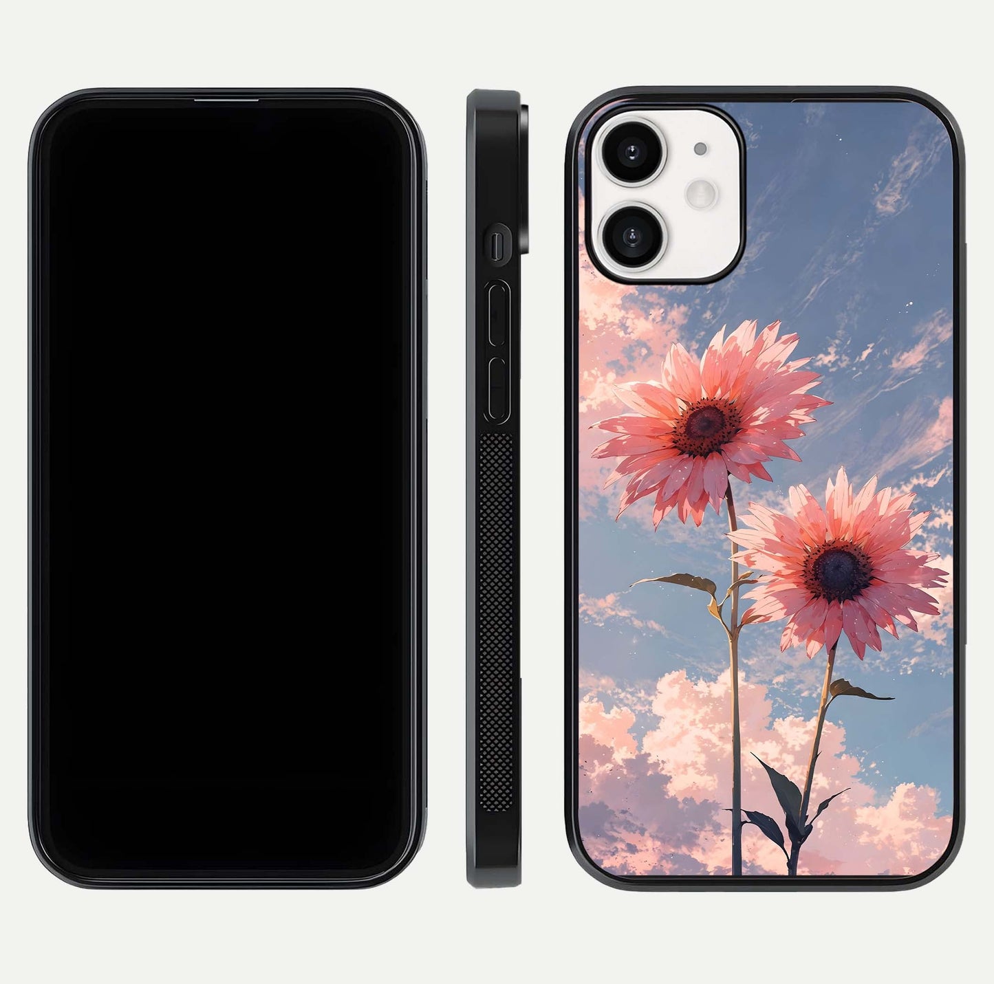 Sunlit Daisy Glow Glass Case for iPhone 12 Mini front & back layout showing vibrant sunlight hues and clean edge