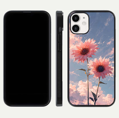 Sunlit Daisy Glow Glass Case for iPhone 12 Mini front & back layout showing vibrant sunlight hues and clean edge