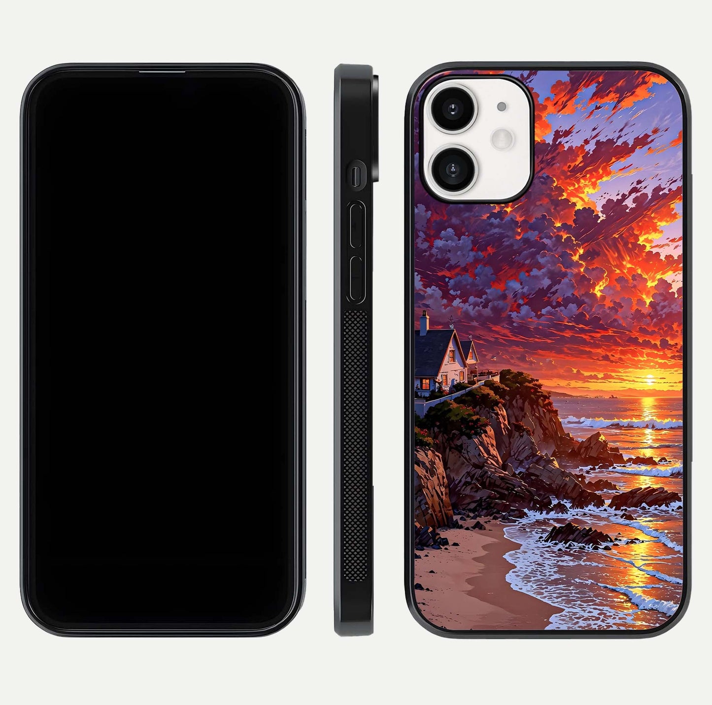 Sunset House by Sea Glass Case for iPhone 12 Mini front & back layout showing scenic gradient and curved edge