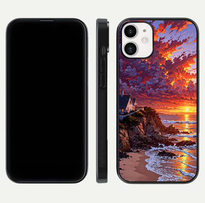 Sunset House by Sea Glass Case for iPhone 12 Mini front & back layout showing scenic gradient and curved edge