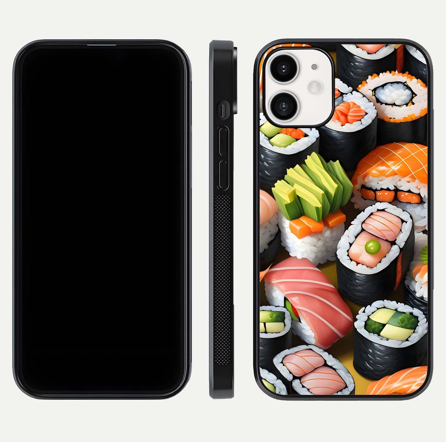 Sushi Food Pattern Glass Case for iPhone 12 Mini front & back layout showing playful food theme and clear edges