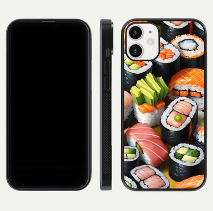Sushi Food Pattern Glass Case for iPhone 12 Mini front & back layout showing playful food theme and clear edges