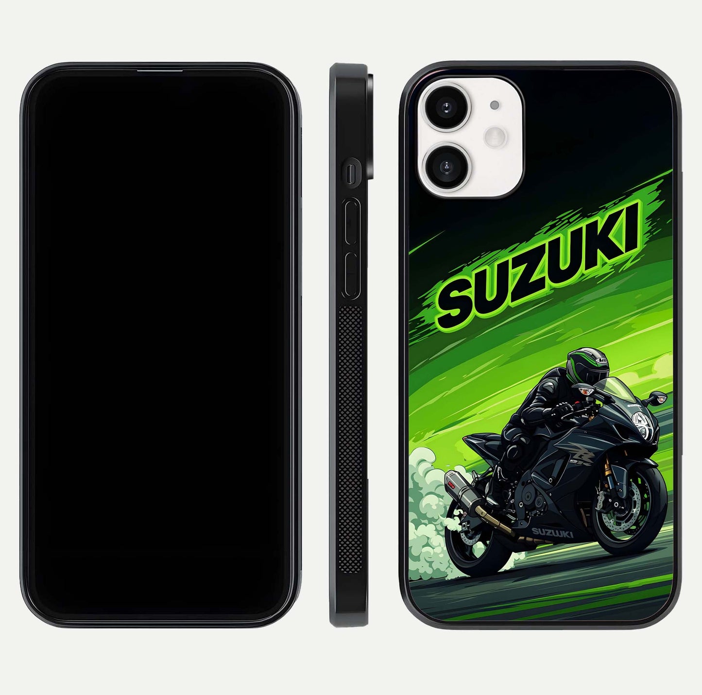 Suzuki Speed Beast Glass Case for iPhone 12 Mini front & back layout showing motion blur and sleek edges