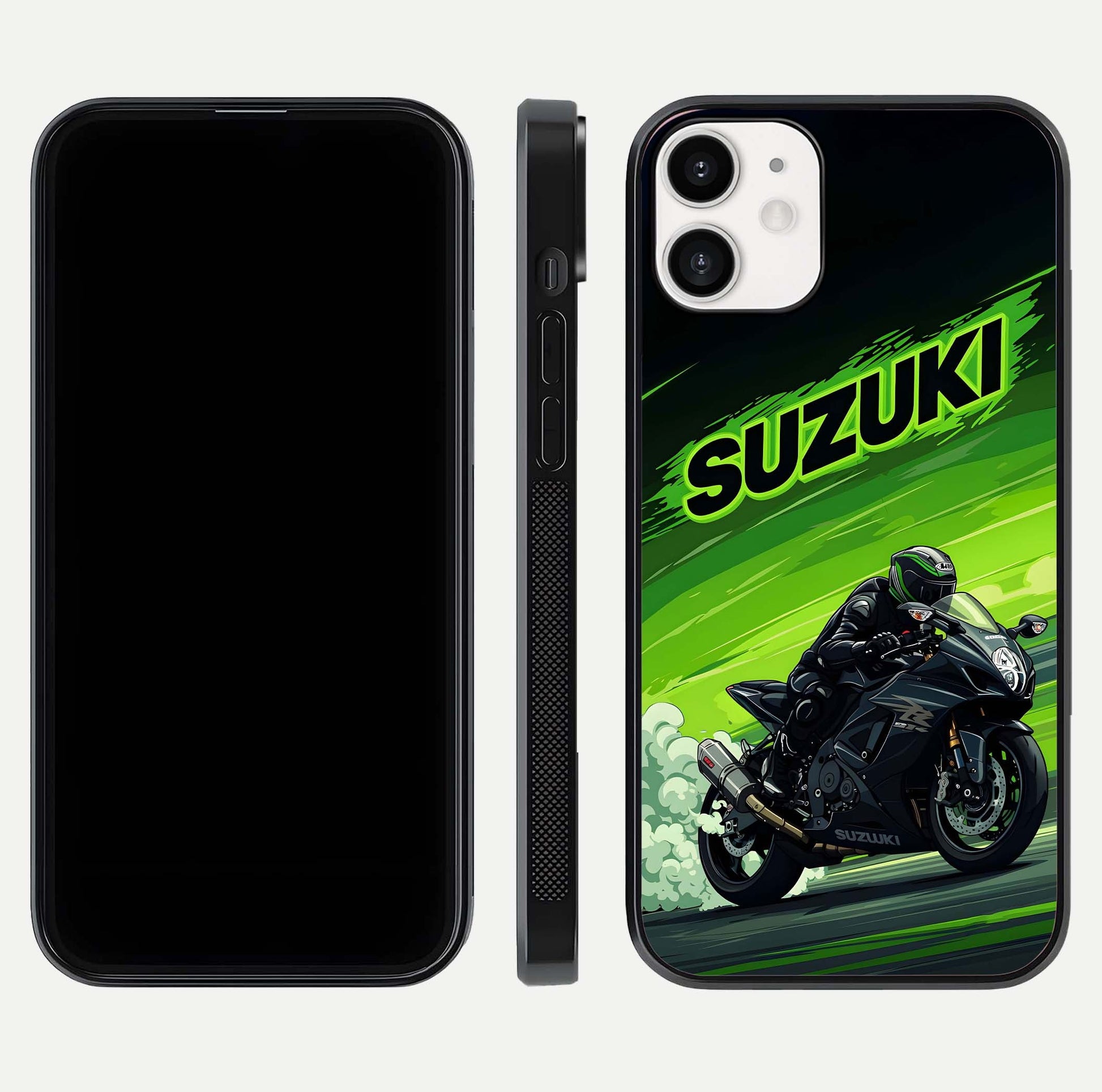 Suzuki Speed Beast Glass Case for iPhone 12 Mini front & back layout showing motion blur and sleek edges