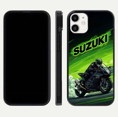 Suzuki Speed Beast Glass Case for iPhone 12 Mini front & back layout showing motion blur and sleek edges