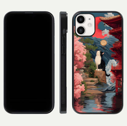 Temple Cat Scenery Glass Case for iPhone 12 Mini front & back layout showing scenic print and edge design