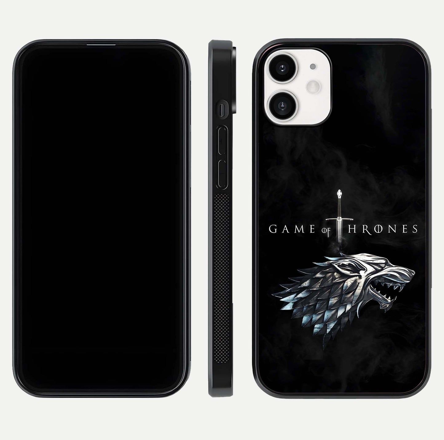 Throne Wolf Legacy Glass Case for iPhone 12 Mini front & back layout showing bold pattern and sharp edge