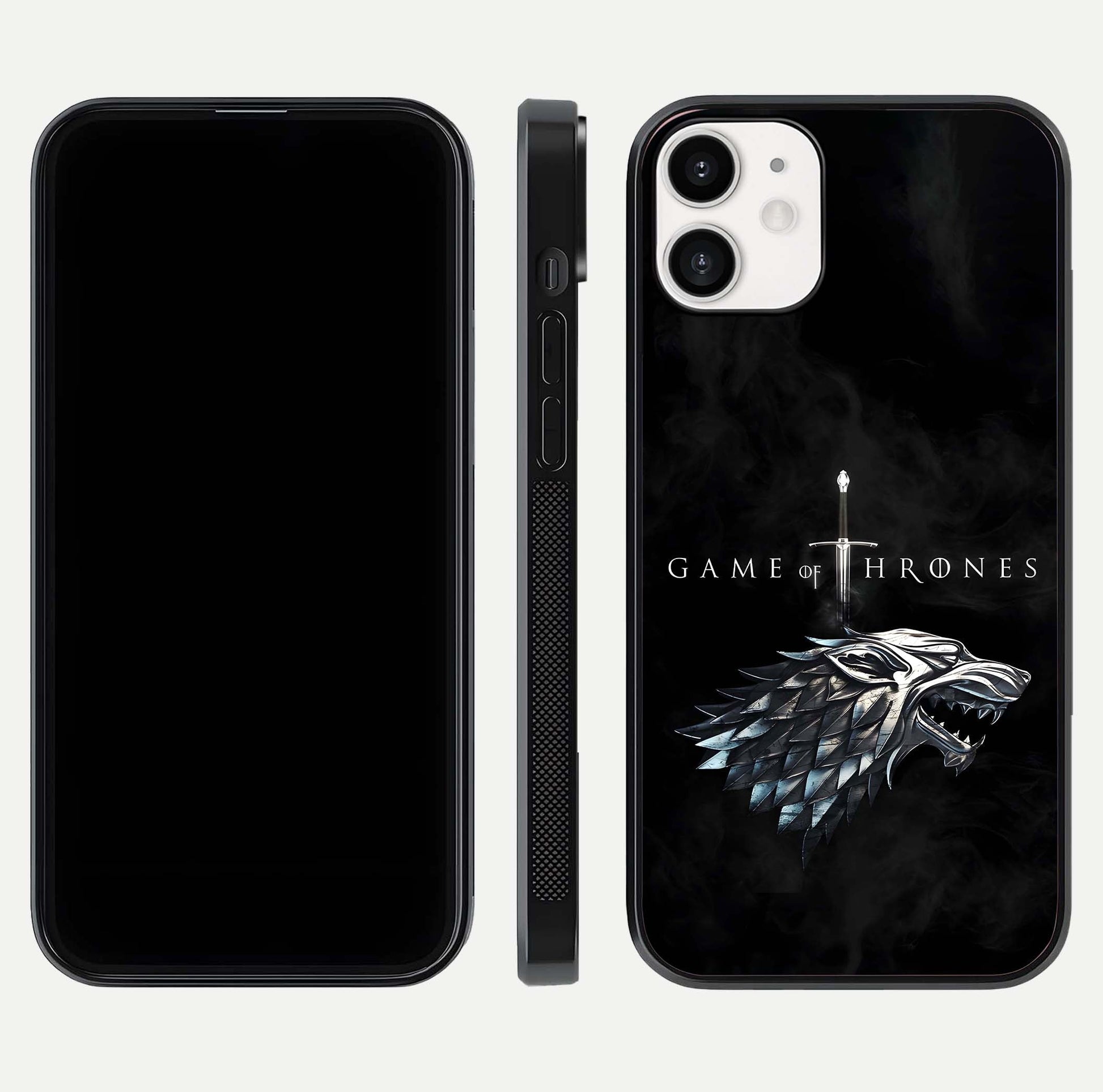 Throne Wolf Legacy Glass Case for iPhone 12 Mini front & back layout showing bold pattern and sharp edge