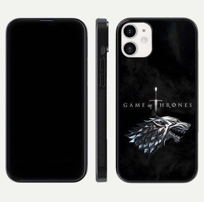 Throne Wolf Legacy Glass Case for iPhone 12 Mini front & back layout showing bold pattern and sharp edge