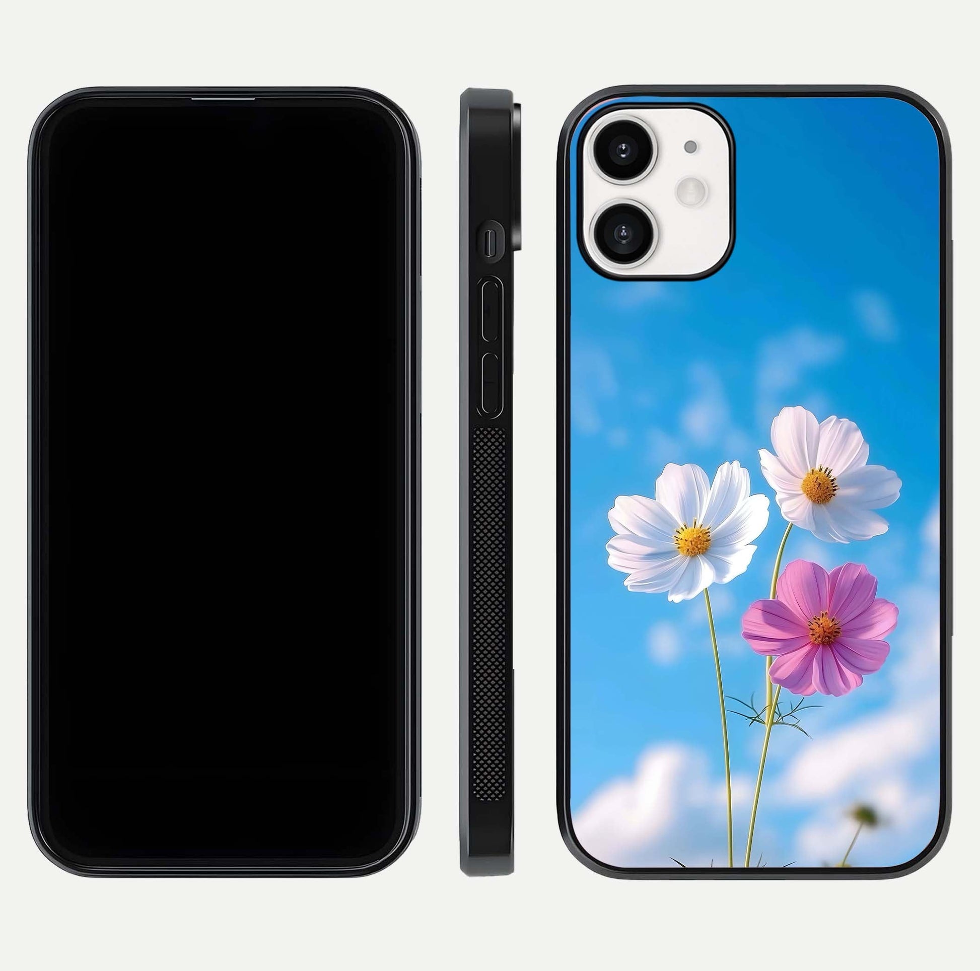 Triple Flowers With Sky Glass Case for iPhone 12 Mini front & back layout showing vivid tones and glossy surface